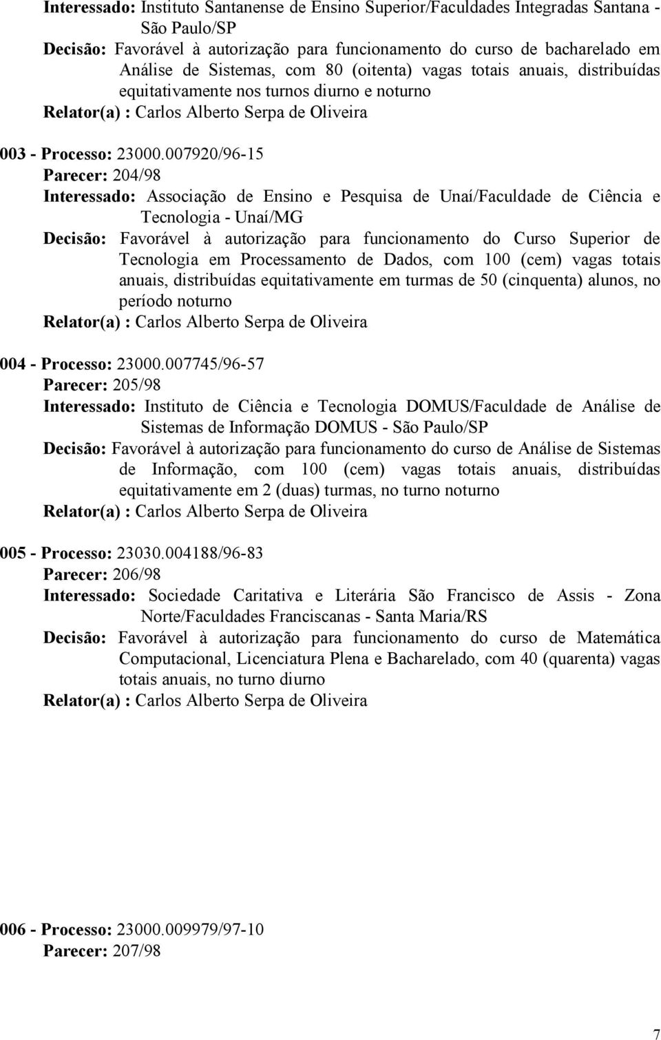 007920/96-15 Parecer: 204/98 Interessado: Associação de Ensino e Pesquisa de Unaí/Faculdade de Ciência e Tecnologia - Unaí/MG Decisão: Favorável à autorização para funcionamento do Curso Superior de