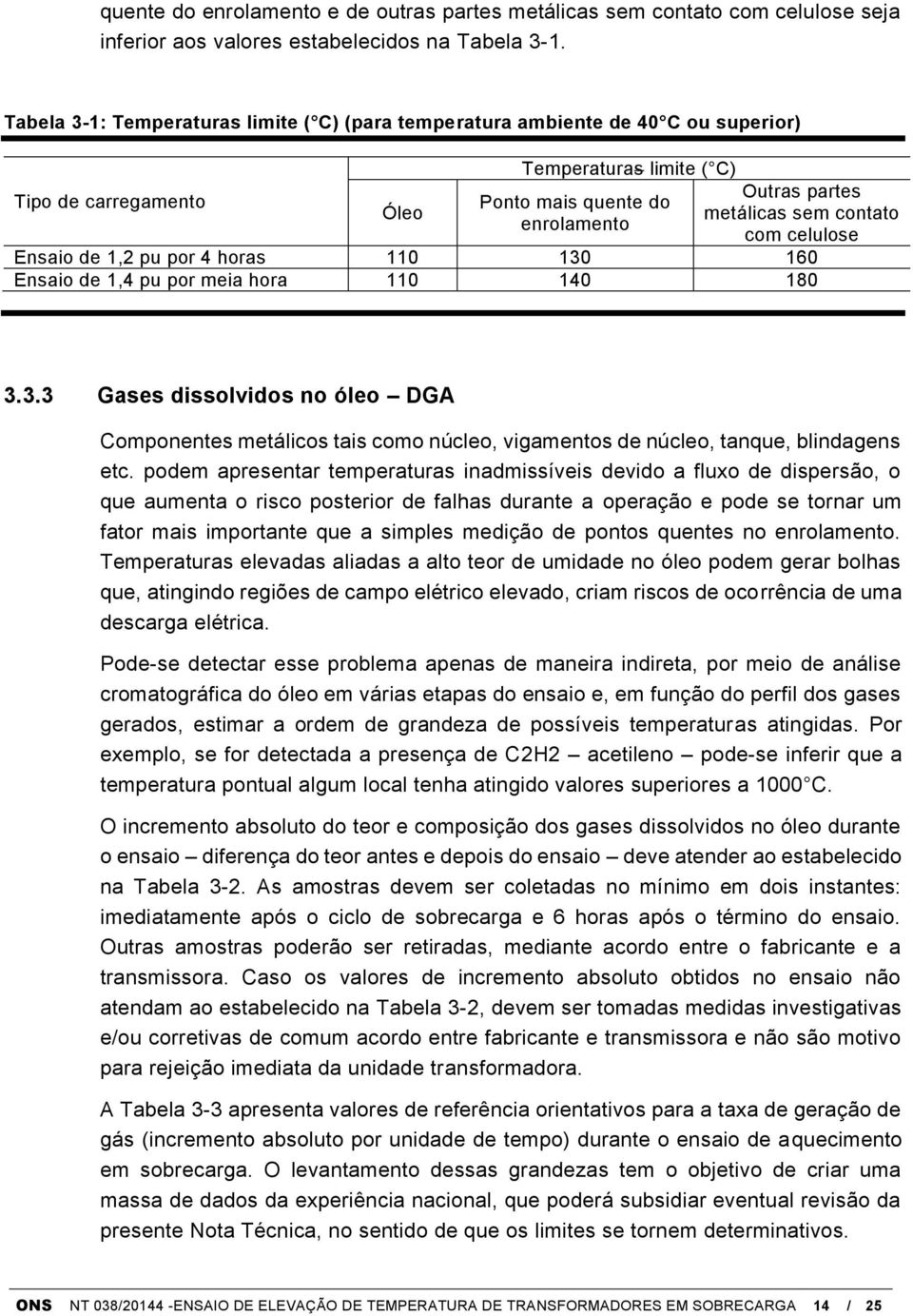 contato com celulose Ensaio de 1,2 pu por 4 horas 110 130 160 Ensaio de 1,4 pu por meia hora 110 140 180 3.3.3 Gases dissolvidos no óleo DGA Componentes metálicos tais como núcleo, vigamentos de núcleo, tanque, blindagens etc.