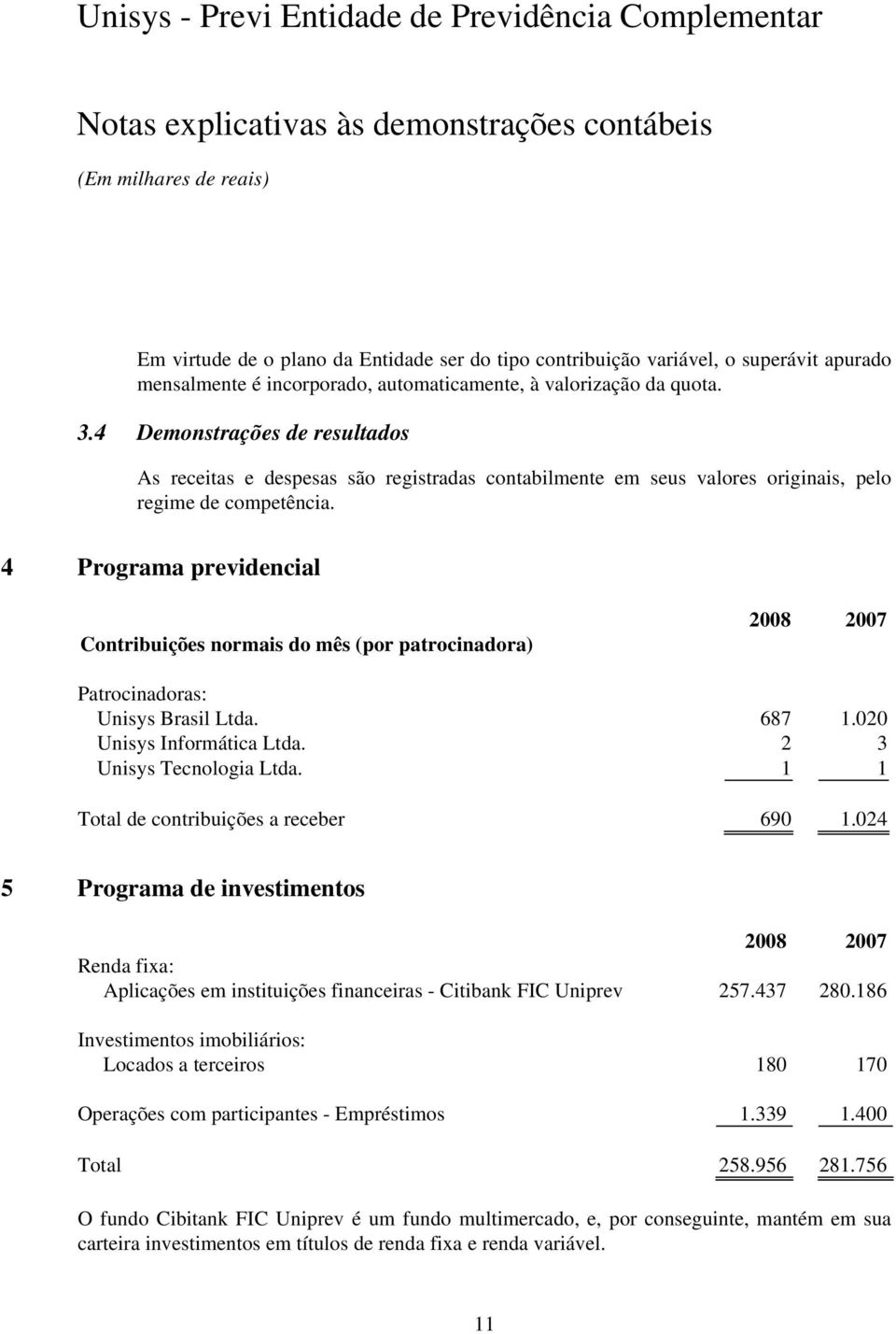 4 Programa previdencial Contribuições normais do mês (por patrocinadora) 2008 2007 Patrocinadoras: Unisys Brasil Ltda. 687 1.020 Unisys Informática Ltda. 2 3 Unisys Tecnologia Ltda.