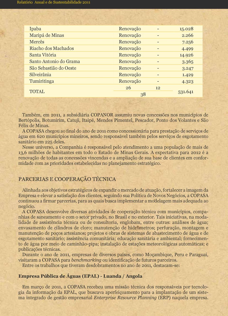 641 Também, em 2011, a subsidiária COPANOR assumiu novas concessões nos municípios de Bertópolis, Botumirim, Catuji, Itaipé, Mendes Pimentel, Pescador, Ponto dos Volantes e São Félix de Minas.