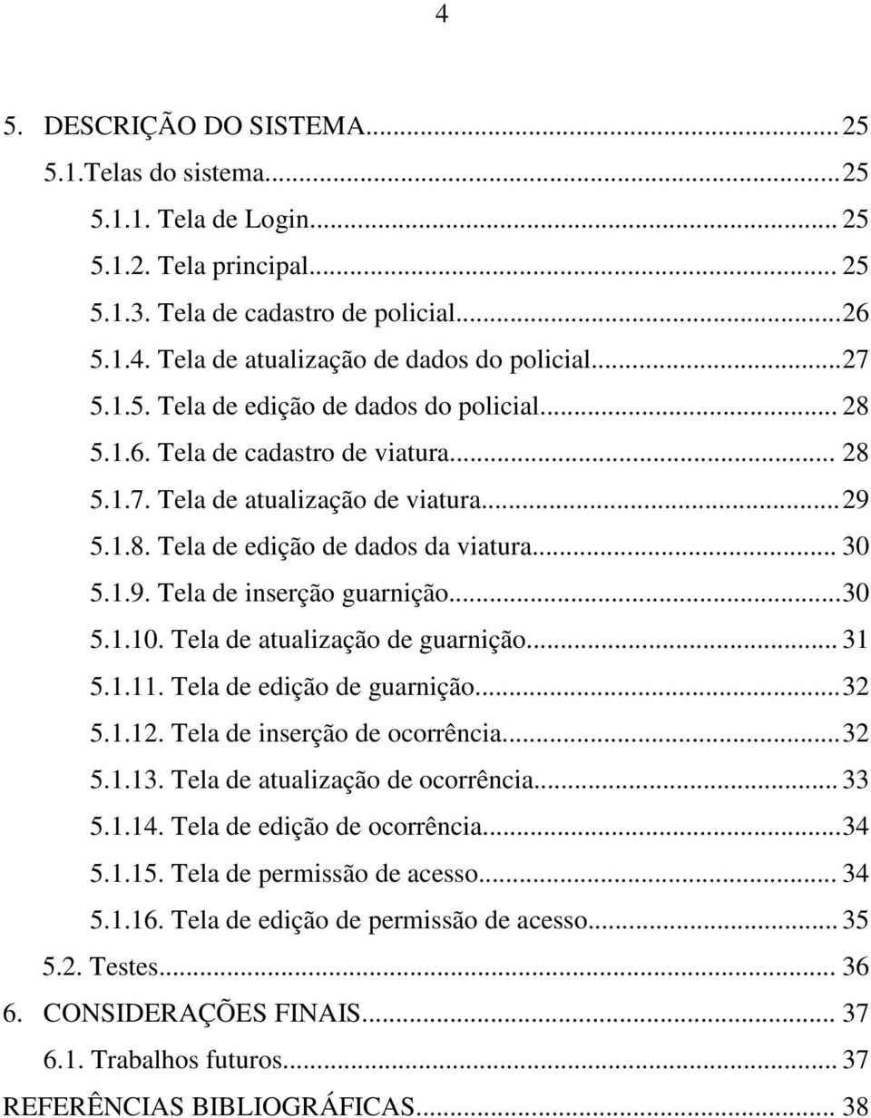 .. 30 5.1.10. Tela de atualização de guarnição... 31 5.1.11. Tela de edição de guarnição... 32 5.1.12. Tela de inserção de ocorrência... 32 5.1.13. Tela de atualização de ocorrência... 33 5.1.14.