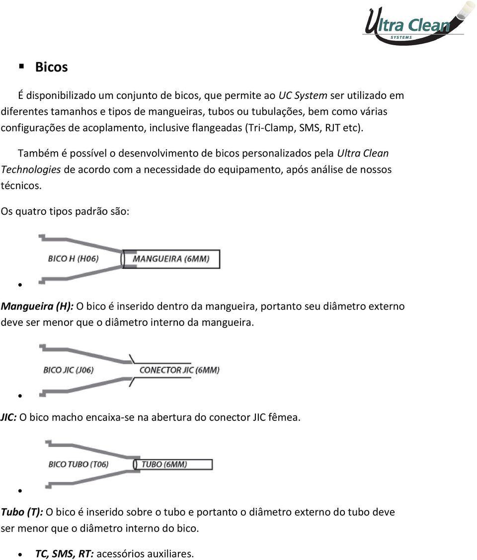 Também é possível o desenvolvimento de bicos personalizados pela Ultra Clean Technologies de acordo com a necessidade do equipamento, após análise de nossos técnicos.