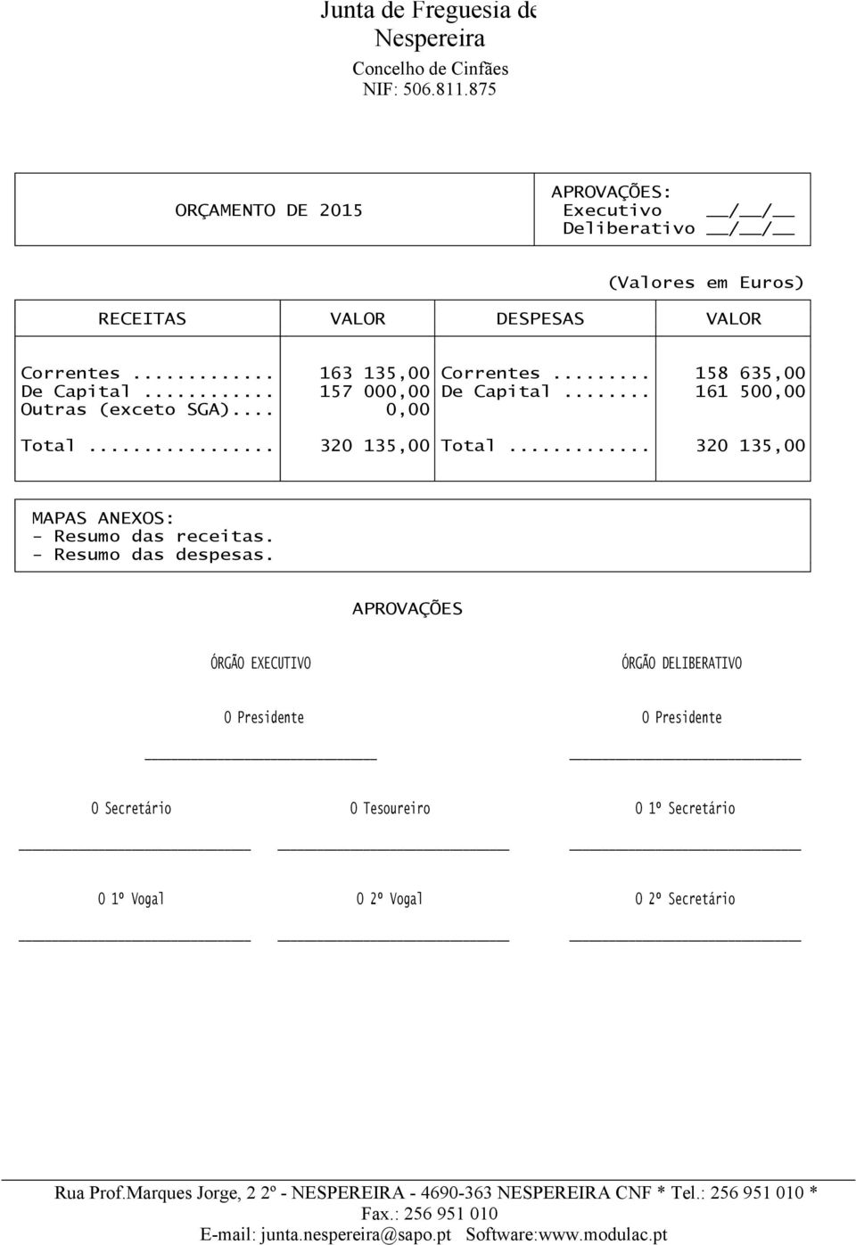 .. 320 135,00 Total... 320 135,00 MAPAS ANEXOS: - Resumo das receitas. - Resumo das despesas.