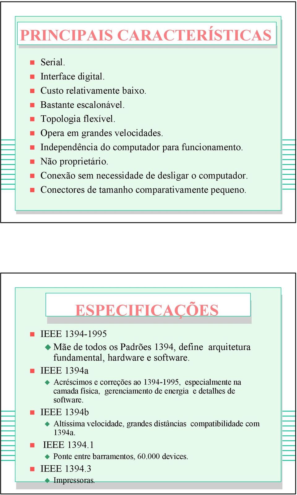 IEEE 1394-1995 ESPECIFICAÇÕES Mãe de todos os Padrões 1394, define arquitetura fundamental, hardware e software.