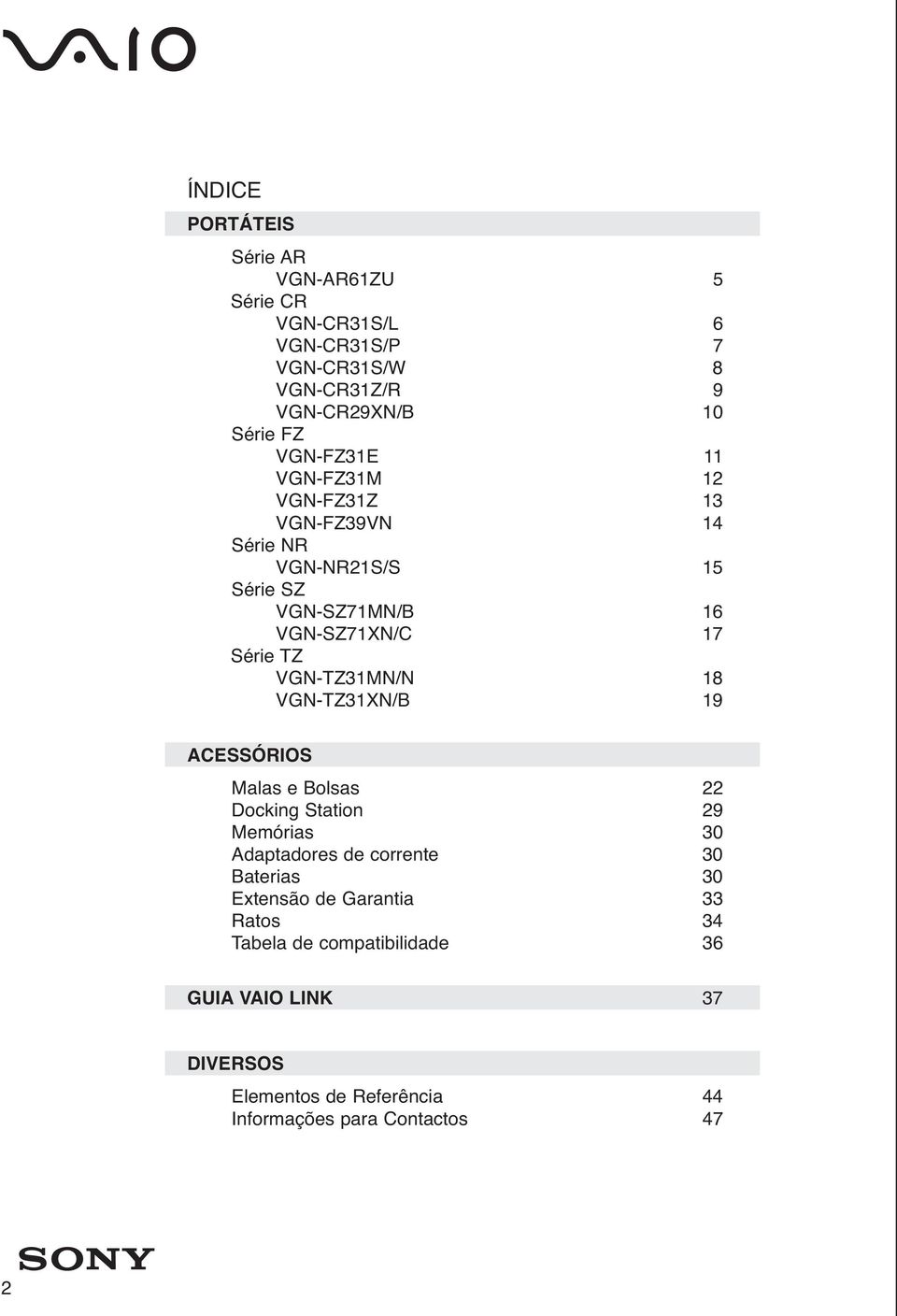 VGN-TZ31MN/N 18 VGN-TZ31XN/B 19 ACESSÓRIOS Malas e Bolsas 22 Docking Station 29 Memórias 30 Adaptadores de corrente 30 Baterias 30