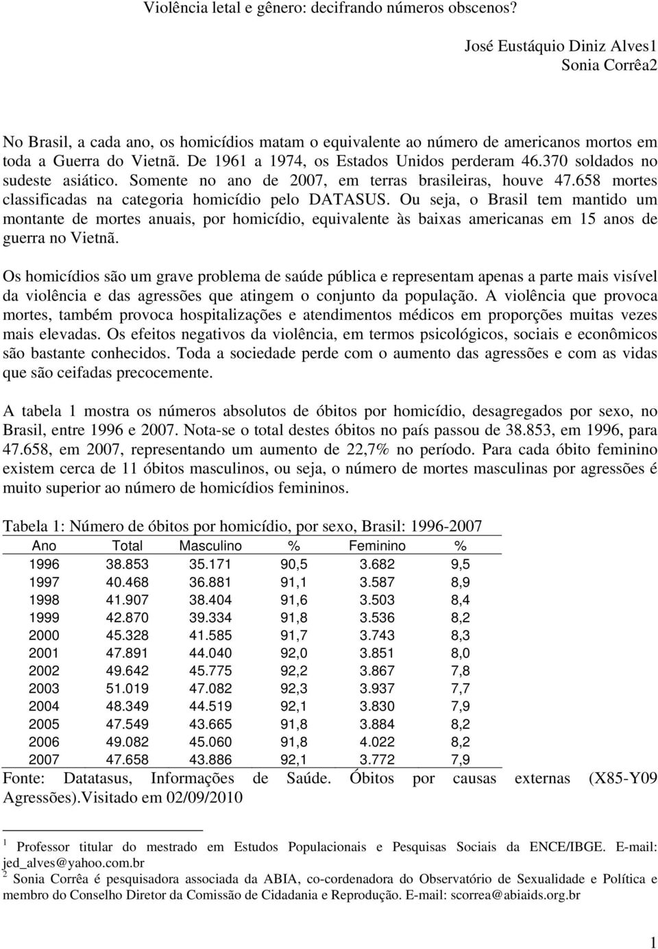 De 1961 a 1974, os Estados Unidos perderam 46.370 soldados no sudeste asiático. Somente no ano de 2007, em terras brasileiras, houve 47.658 mortes classificadas na categoria homicídio pelo DATASUS.