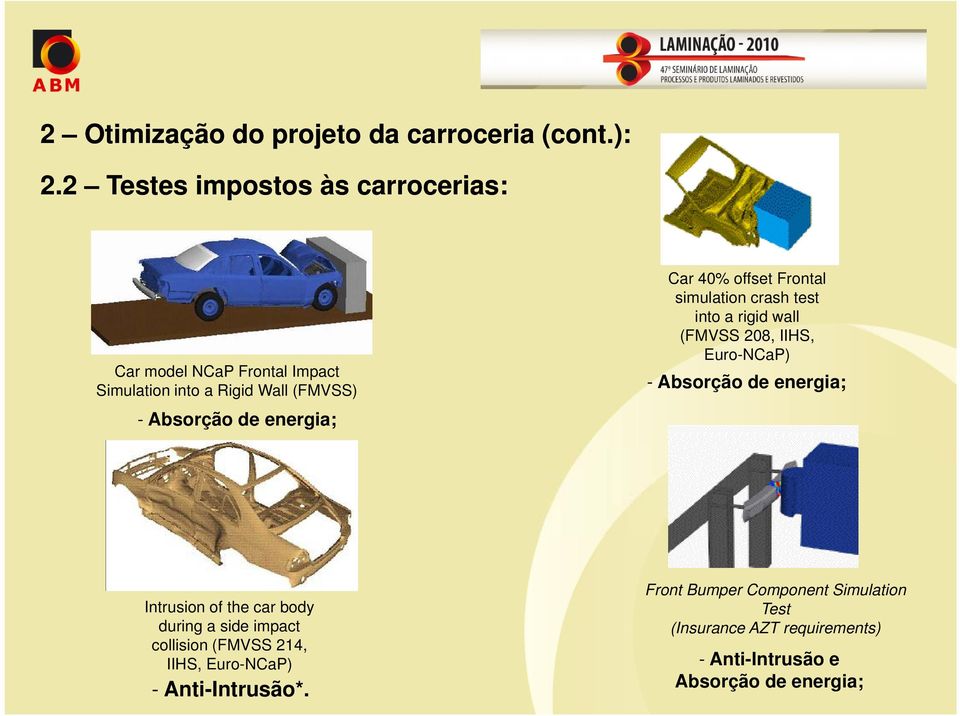 Car 40% offset Frontal simulation crash test into a rigid wall (FMVSS 208, IIHS, Euro-NCaP) - Absorção de energia; Intrusion