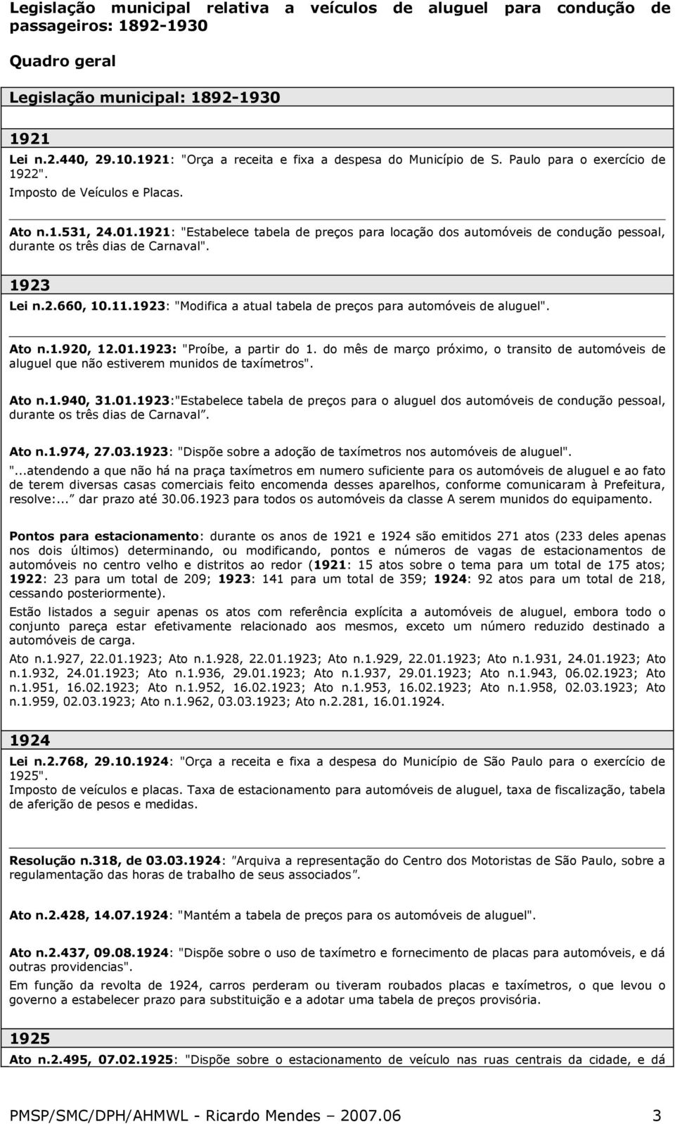 1923: "Modifica a atual tabela de preços para automóveis de aluguel". Ato n.1.920, 12.01.1923: "Proíbe, a partir do 1.