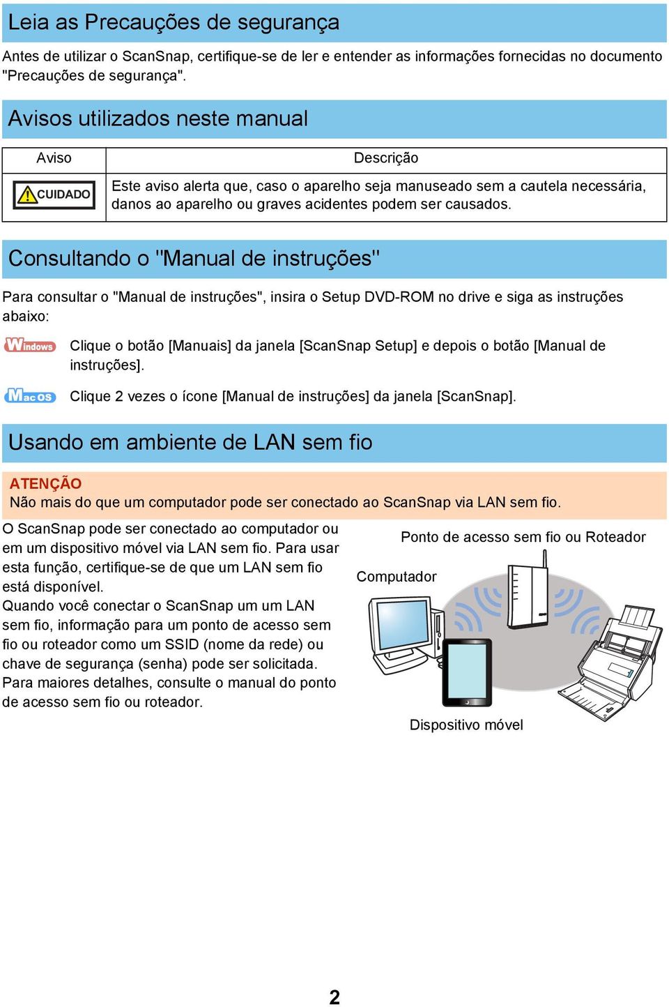 Consultando o "Manual de instruções" Para consultar o "Manual de instruções", insira o Setup DVD-ROM no drive e siga as instruções abaixo: Clique o botão [Manuais] da janela [ScanSnap Setup] e depois