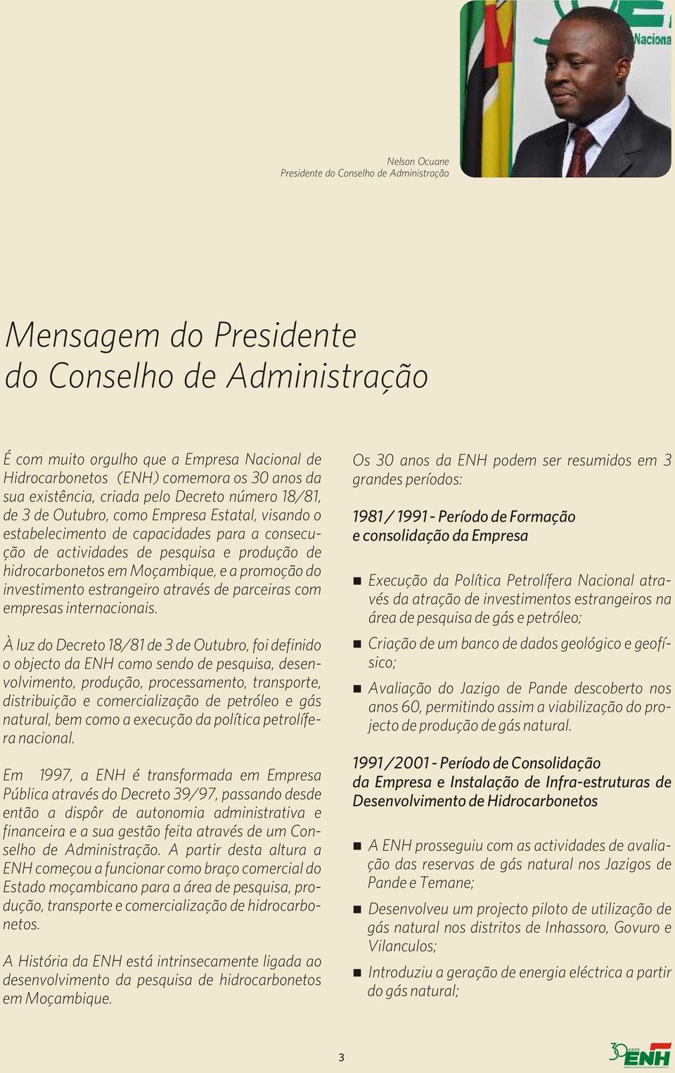 hidrocarbonetos em Moçambique, e a promoção do investimento estrangeiro através de parceiras com empresas internacionais.