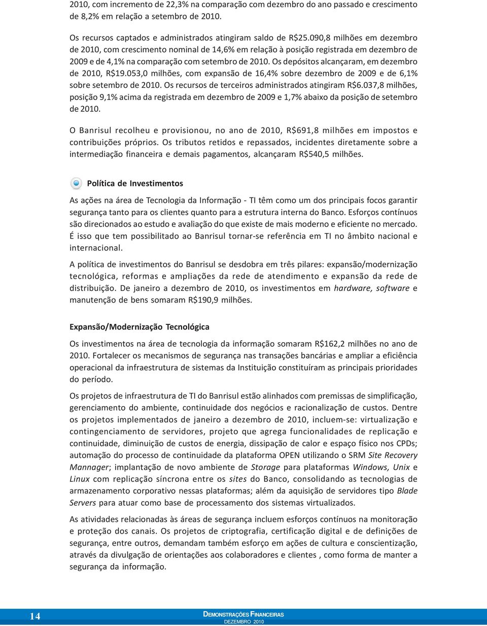 Os depósitos alcançaram, em dezembro de 2010, R$19.053,0 milhões, com expansão de 16,4% sobre dezembro de 2009 e de 6,1% sobre setembro de 2010. Os recursos de terceiros administrados atingiram R$6.