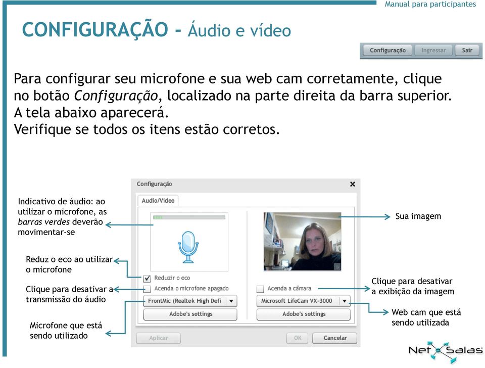 Indicativo de áudio: ao utilizar o microfone, as barras verdes deverão movimentar-se Sua imagem Reduz o eco ao utilizar o