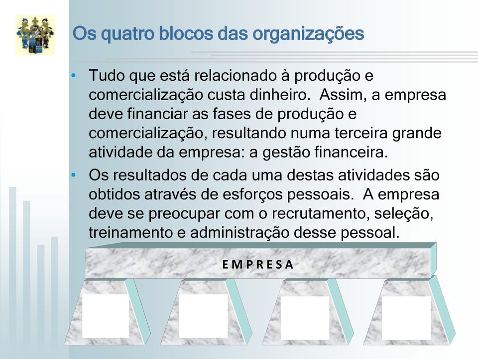 a gestão financeira. Os resultados de cada uma destas atividades são obtidos através de esforços pessoais.