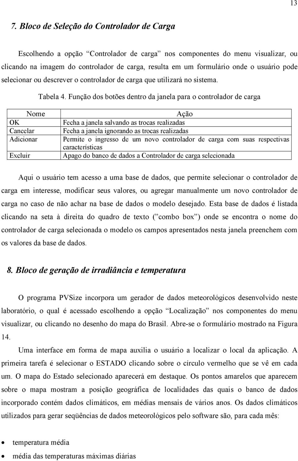 Função dos botões dentro da janela para o controlador de carga Nome OK Cancelar Adicionar Excluir Ação Fecha a janela salvando as trocas realizadas Fecha a janela ignorando as trocas realizadas