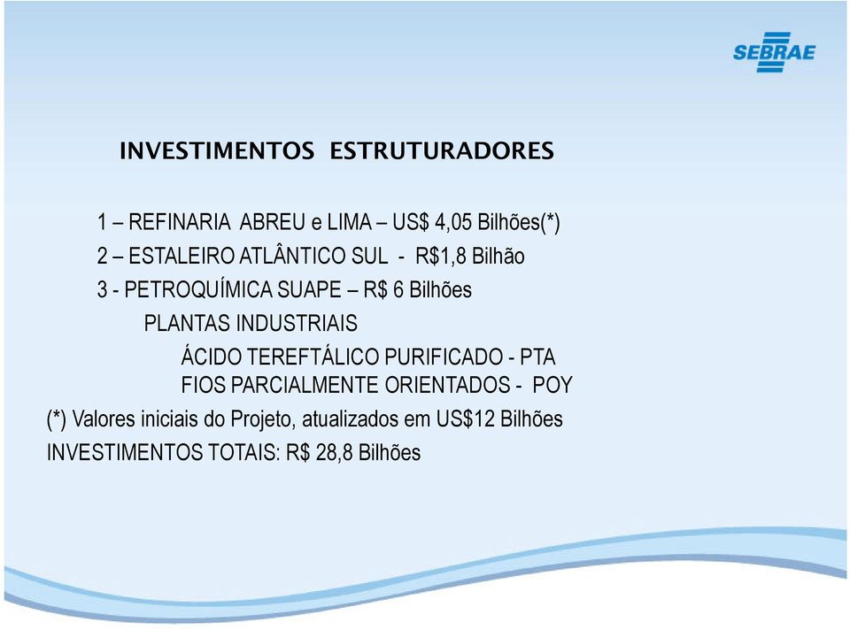 INDUSTRIAIS ÁCIDO TEREFTÁLICO PURIFICADO - PTA FIOS PARCIALMENTE ORIENTADOS - POY