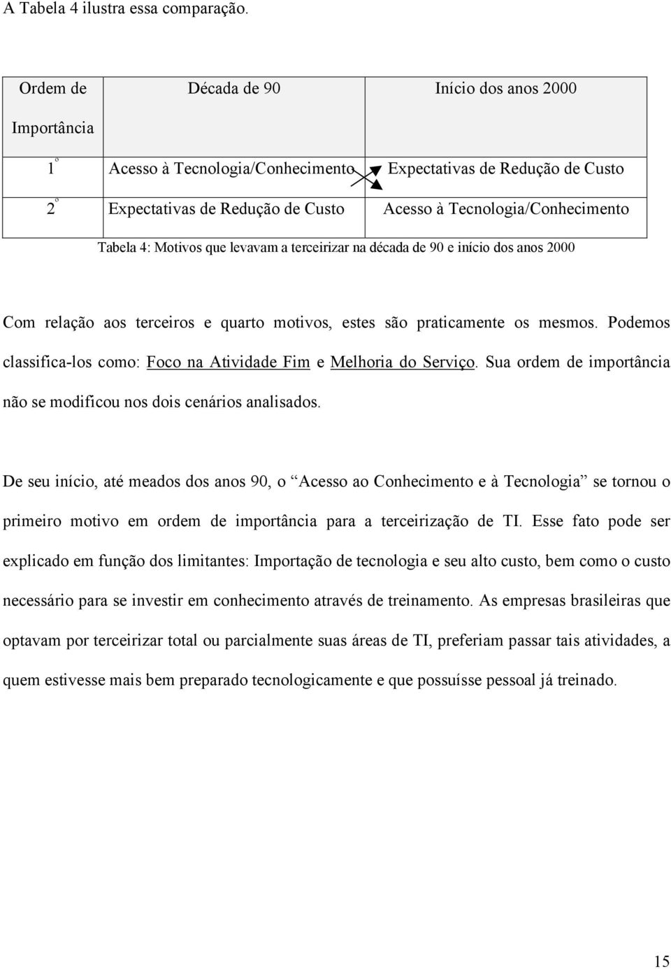 Tabela 4: Motivos que levavam a terceirizar na década de 90 e início dos anos 2000 Com relação aos terceiros e quarto motivos, estes são praticamente os mesmos.