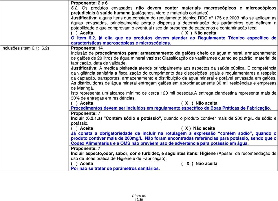 potabilidade e que comprovam o eventual risco da presença de patógenos e contaminação fecal. O item 6.