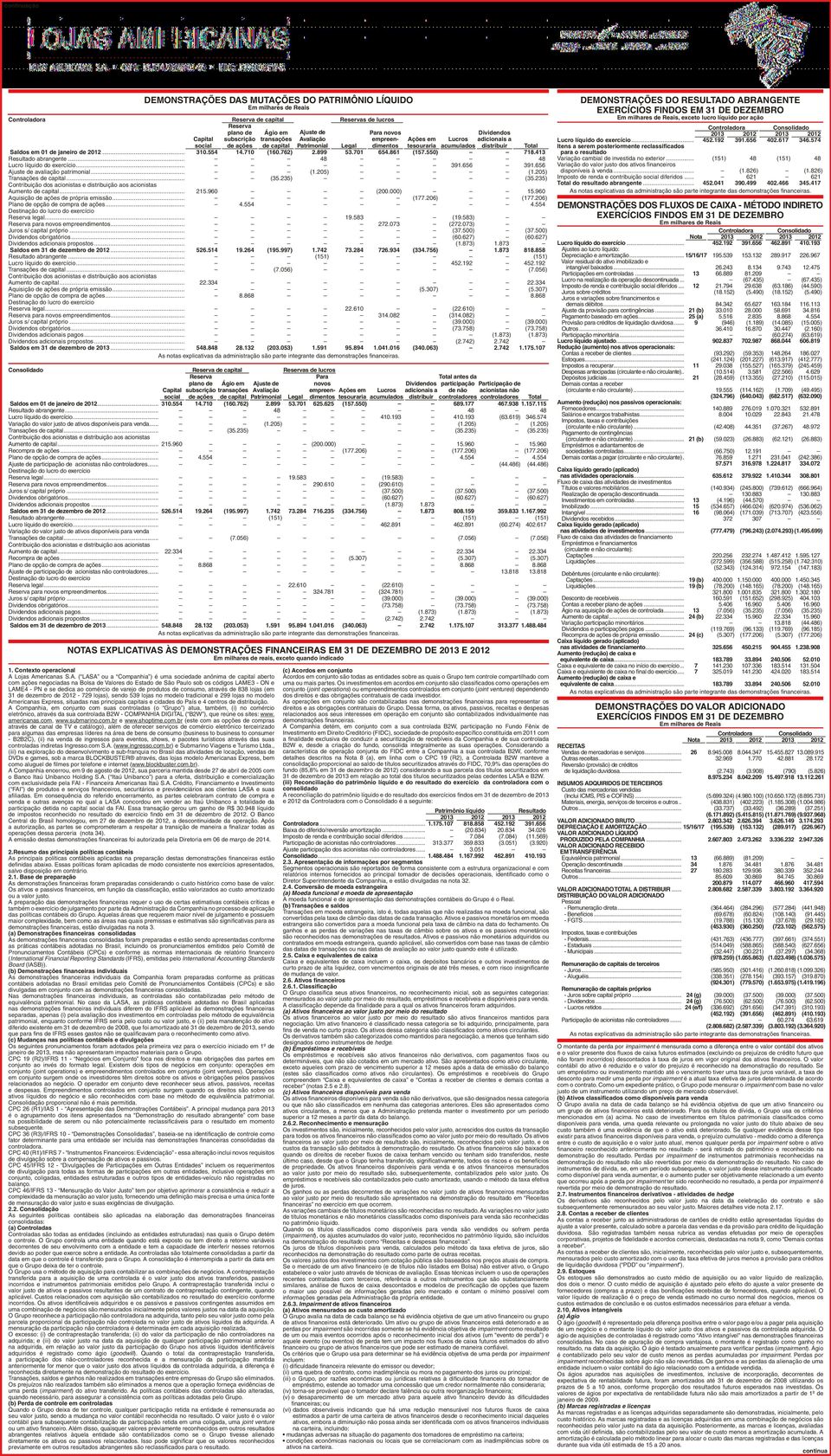 através de 838 lojas (em 31 de dezembro de 2012-729 lojas), sendo 539 lojas no modelo tradicional e 299 lojas no modelo Americanas, situadas nas principais capitais e cidades do País e 4 centros de