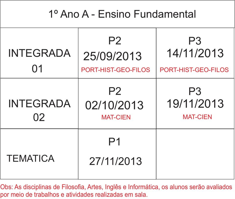 27/11/2013 02/10/2013 19/11/2013 Obs: As disciplinas de Filosofia, Artes, Inglês