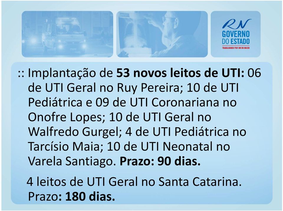 Walfredo Gurgel; 4 de UTI Pediátrica no Tarcísio Maia; 10 de UTI Neonatal no