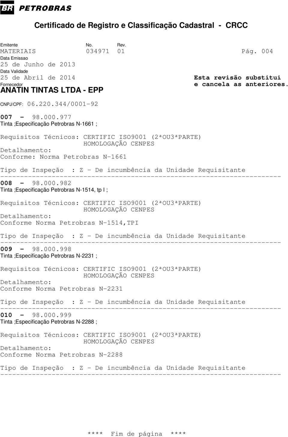 982 Tinta ;Especificação Petrobras N-1514, tp I ; Conforme Norma Petrobras N-1514,TPI