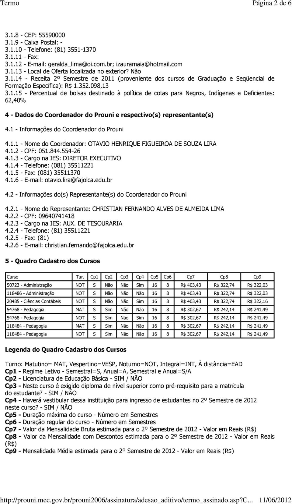 1 Informações do Coordenador do Prouni 4.1.1 Nome do Coordenador: OTAVIO HENRIQUE FIGUEIROA DE SOUZA LIRA 4.1.2 CPF: 051.844.55426 4.1.3 Cargo na IES: DIRETOR EXECUTIVO 4.1.4 Telefone: (081) 35511221 4.