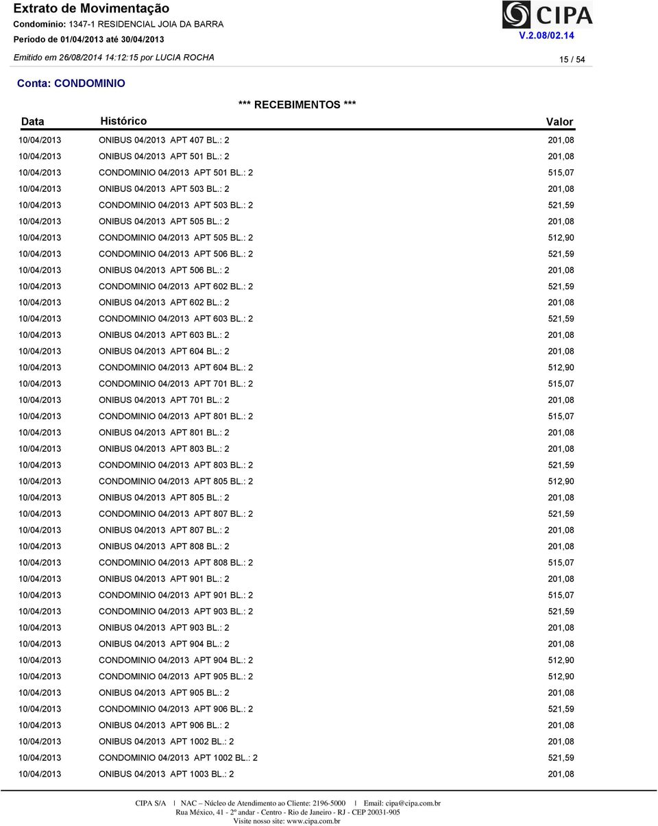 : 2 CONDOMINIO 04/2013 APT 603 BL.: 2 ONIBUS 04/2013 APT 603 BL.: 2 ONIBUS 04/2013 APT 604 BL.: 2 CONDOMINIO 04/2013 APT 604 BL.: 2 CONDOMINIO 04/2013 APT 701 BL.: 2 ONIBUS 04/2013 APT 701 BL.