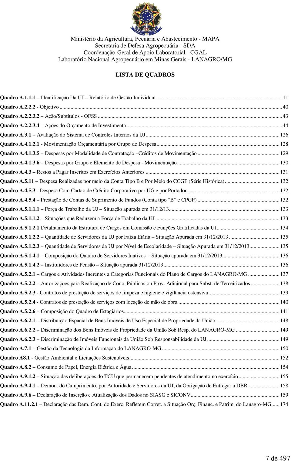 ..129 Quadro A.4.1.3.6 Despesas por Grupo e Elemento de Despesa - Movimentação...130 Quadro A.4.3 Restos a Pagar Inscritos em Exercícios Anteriores...131 Quadro A.5.