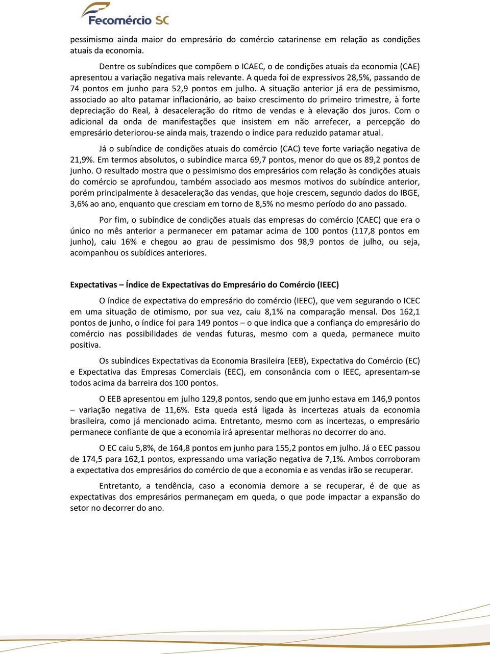 A queda foi de expressivos 28,5%, passando de 74 pontos em junho para 52,9 pontos em julho.