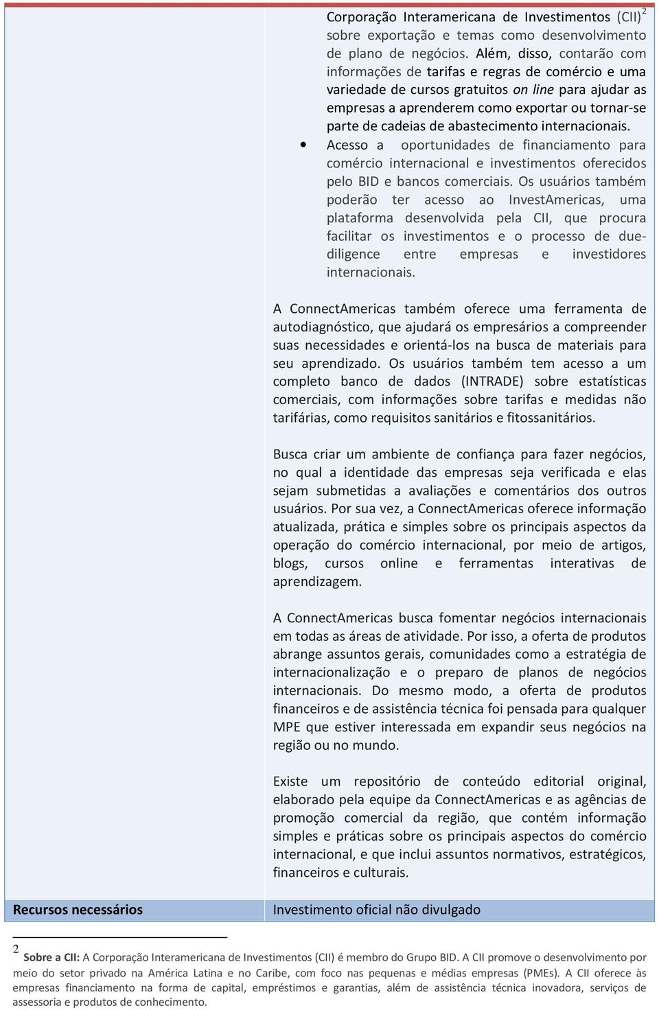 abastecimento internacionais. Acesso a oportunidades de financiamento para comércio internacional e investimentos oferecidos pelo BID e bancos comerciais.