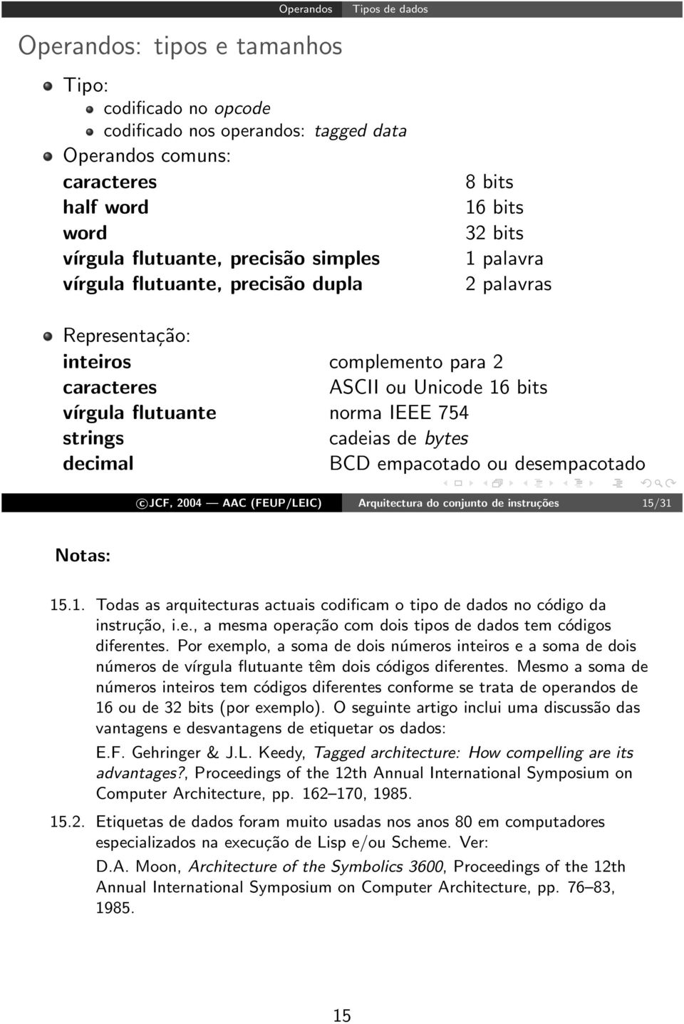 cadeias de bytes decimal BCD empacotado ou desempacotado c JCF, 2004 AAC (FEUP/LEIC) Arquitectura do conjunto de instruções 15
