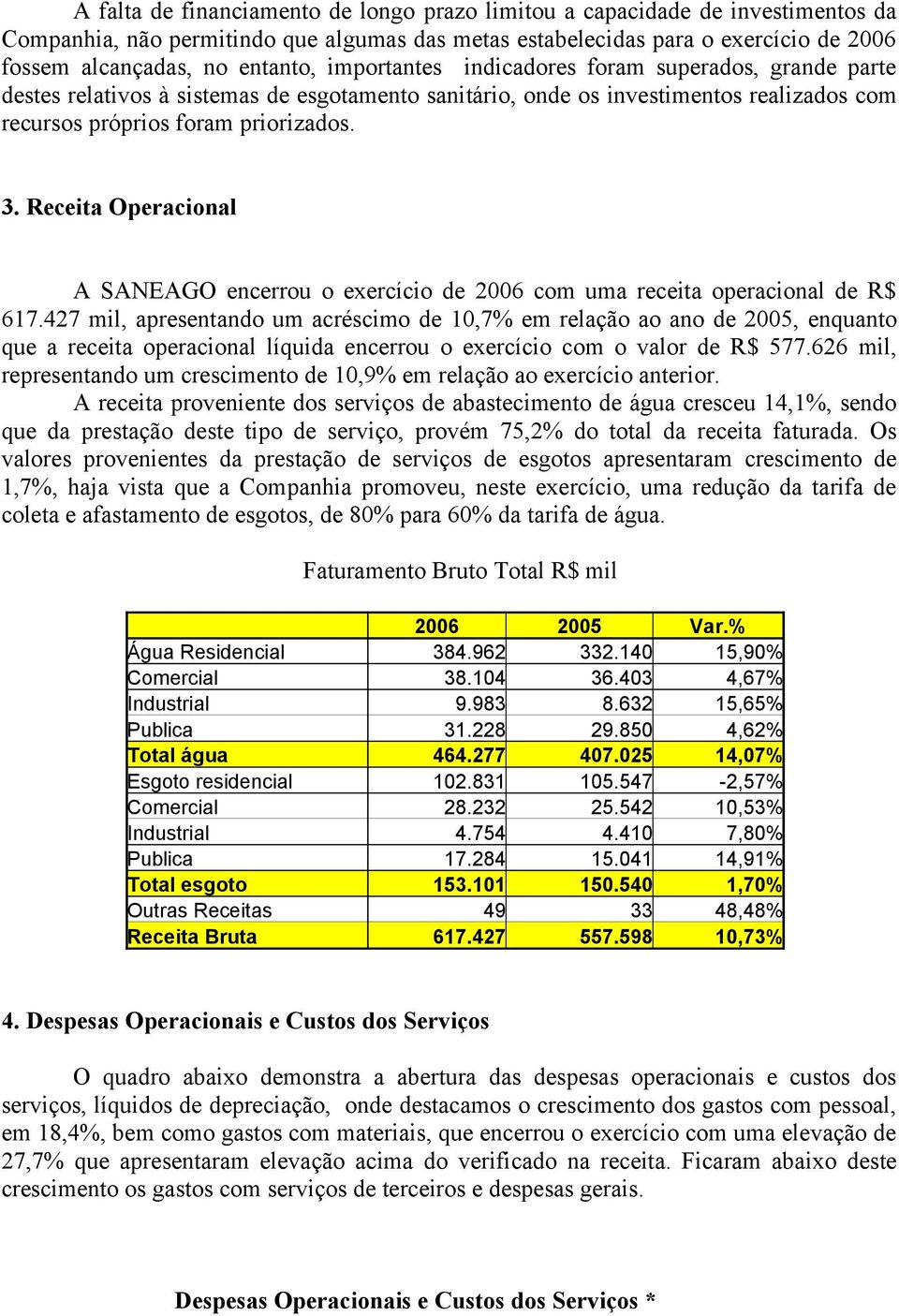 Receita Operacional A SANEAGO encerrou o exercício de 2006 com uma receita operacional de R$ 617.