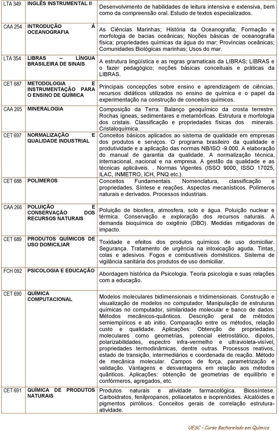 morfologia de bacias oceânicas; Noções básicas de oceanografia física; propriedades químicas da água do mar; Províncias oceânicas; Comunidades Biológicas marinhas; Usos do mar.