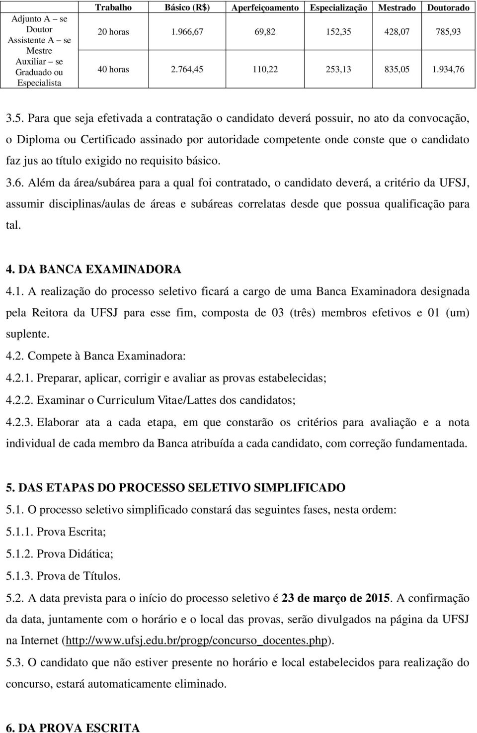 ,35 428,07 785,93 40 horas 2.764,45 110,22 253,13 835,05 1.934,76 3.5. Para que seja efetivada a contratação o candidato deverá possuir, no ato da convocação, o Diploma ou Certificado assinado por