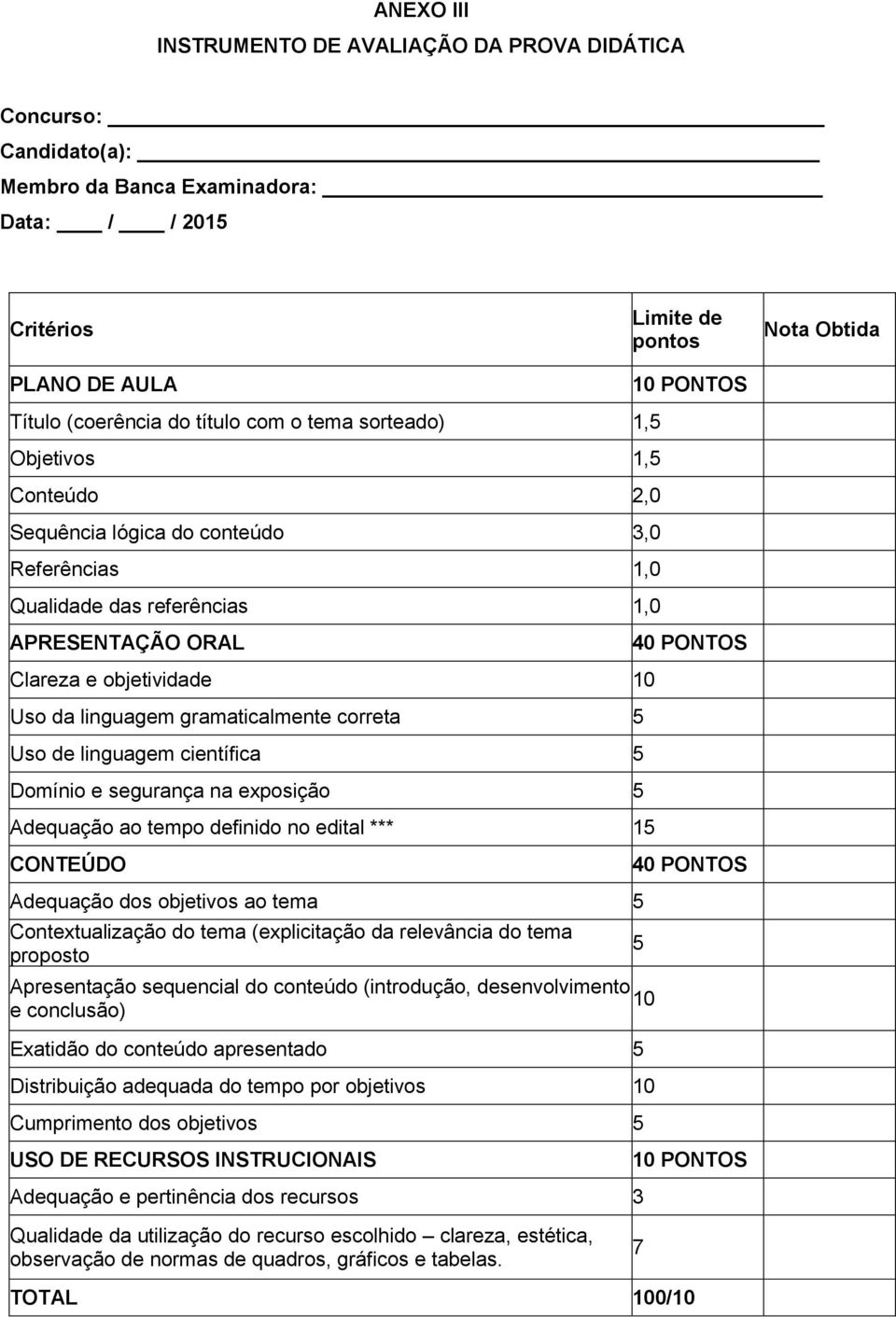 objetividade 10 Uso da linguagem gramaticalmente correta 5 Uso de linguagem científica 5 Domínio e segurança na exposição 5 Adequação ao tempo definido no edital *** 15 CONTEÚDO 40 PONTOS Adequação