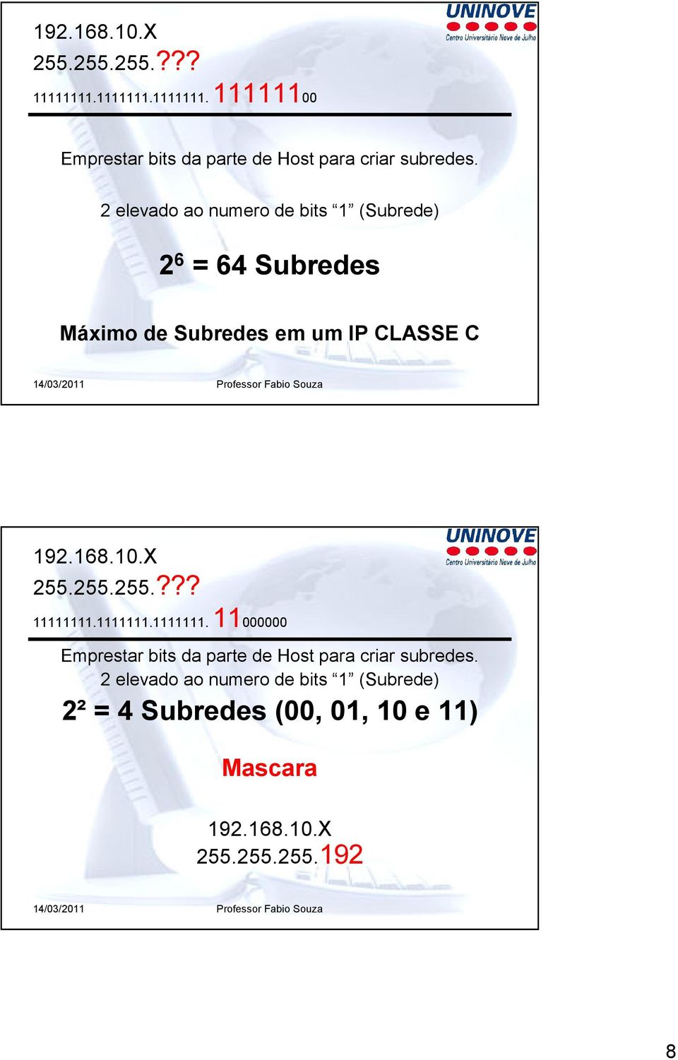 Professor Fabio Souza  elevado ao numero de bits (Subrede) ² = Subredes (,, e ) Mascara 9.6.