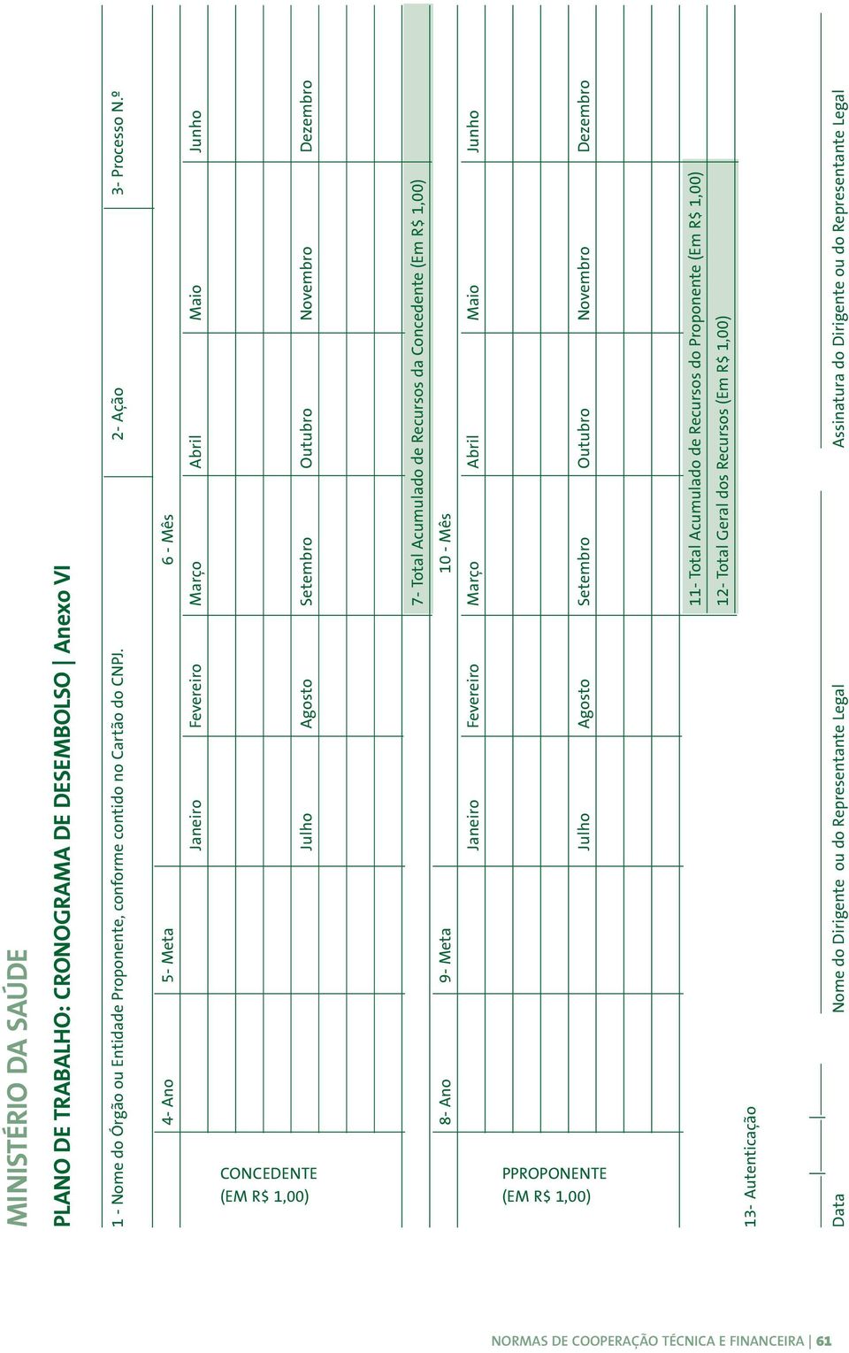 Concedente (Em R$ 1,00) 8- Ano 9- Meta 10 - Mês Janeiro Fevereiro Março Abril Maio Junho Julho Agosto Setembro Outubro Novembro Dezembro PPROPONENTE (EM R$ 1,00) 11- Total