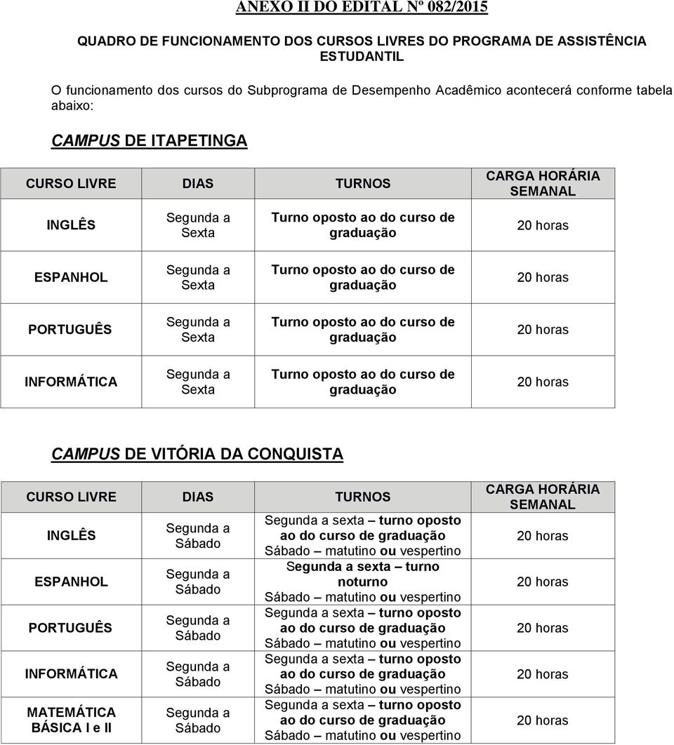 Sexta Turno oposto ao do curso de graduação INFORMÁTICA Sexta Turno oposto ao do curso de graduação CAMPUS DE VITÓRIA DA CONQUISTA CURSO LIVRE DIAS TURNOS INGLÊS ESPANHOL PORTUGUÊS INFORMÁTICA