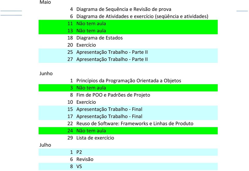 Princípios da Programação Orientada a Objetos 3 Não tem aula 8 Fim de POO e Padrões de Projeto 10 Exercício 15 Apresentação Trabalho -