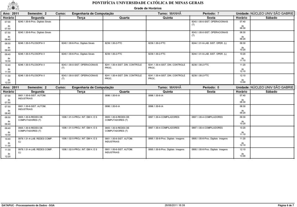 1.00-2-FTC Turno: MANHÃ Período: 8 Unidade: NÚCLEO UNV SÃO GABRE COMPUTADORES COMPUTADORES 0978.1.01-4-LAB. REDES COMP. 0978.1.01-4-LAB. REDES COMP. 1006.1.01-5-PROJ. NT. EM H. E S 1006.1.01-5-PROJ. NT. EM H. E S 1006.1.02-5-PROJ.