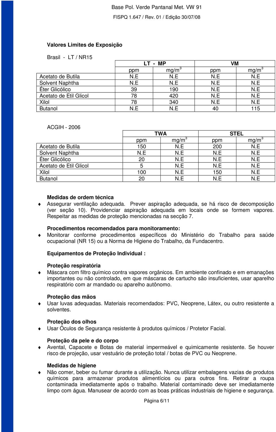 E N.E N.E Xilol 100 N.E 150 N.E Butanol 20 N.E N.E N.E Medidas de ordem técnica Assegurar ventilação adequada. Prever aspiração adequada, se há risco de decomposição (ver seção 10).