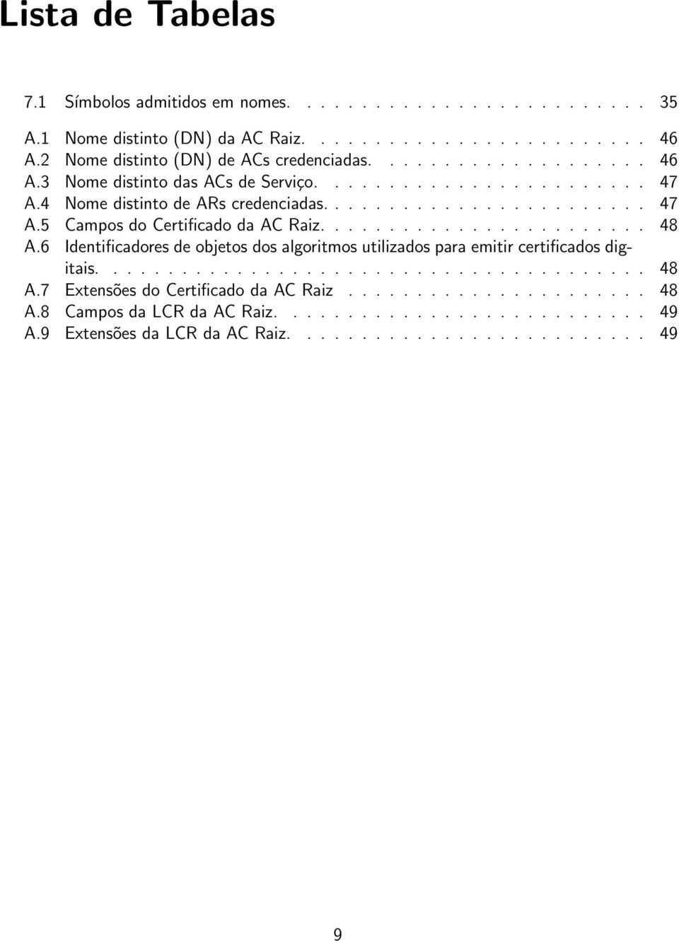 ....................... 48 A.6 Identificadores de objetos dos algoritmos utilizados para emitir certificados digitais........................................ 48 A.7 Extensões do Certificado da AC Raiz.