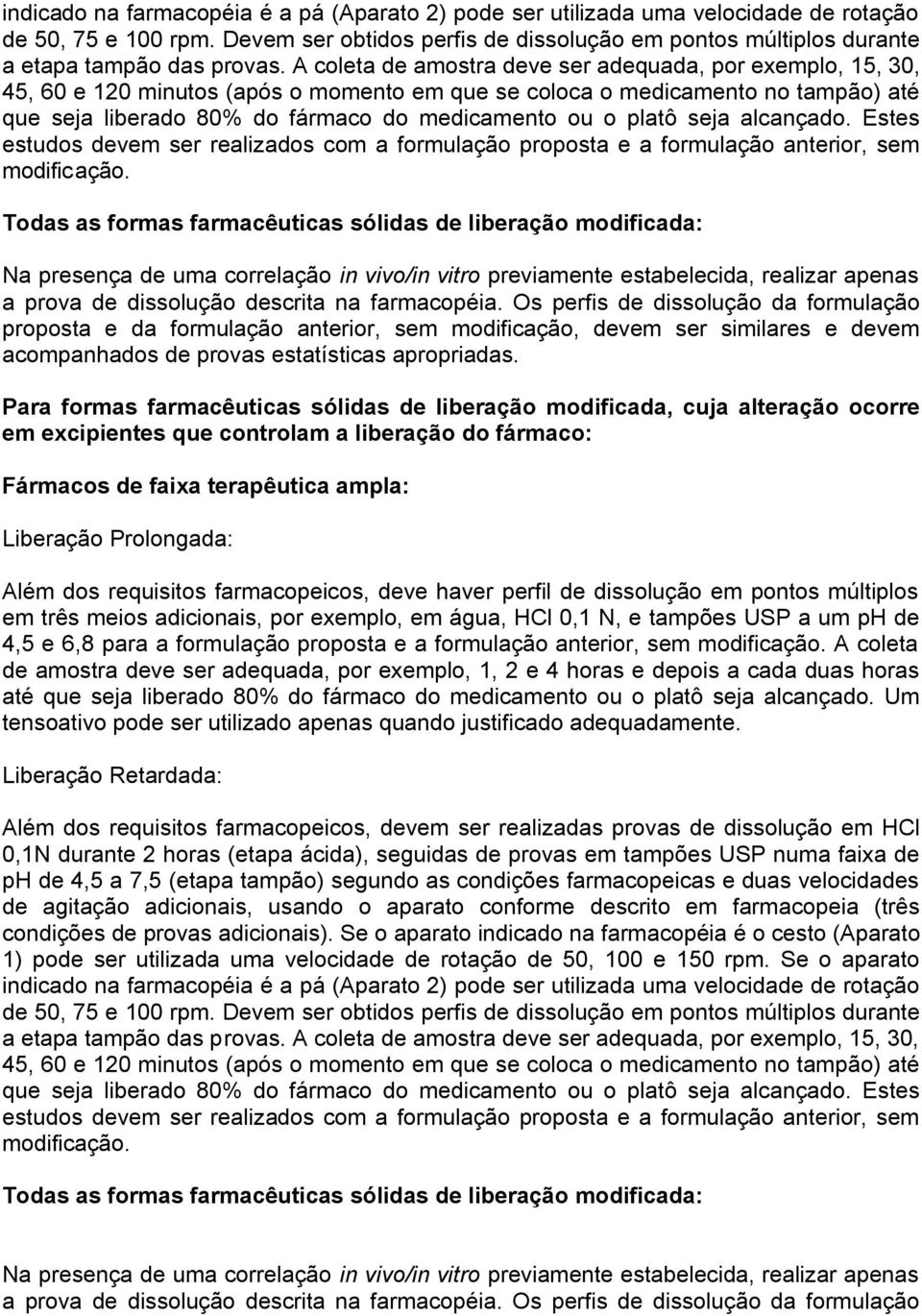 A coleta de amostra deve ser adequada, por exemplo, 15, 30, 45, 60 e 120 minutos (após o momento em que se coloca o medicamento no tampão) até que seja liberado 80% do fármaco do medicamento ou o