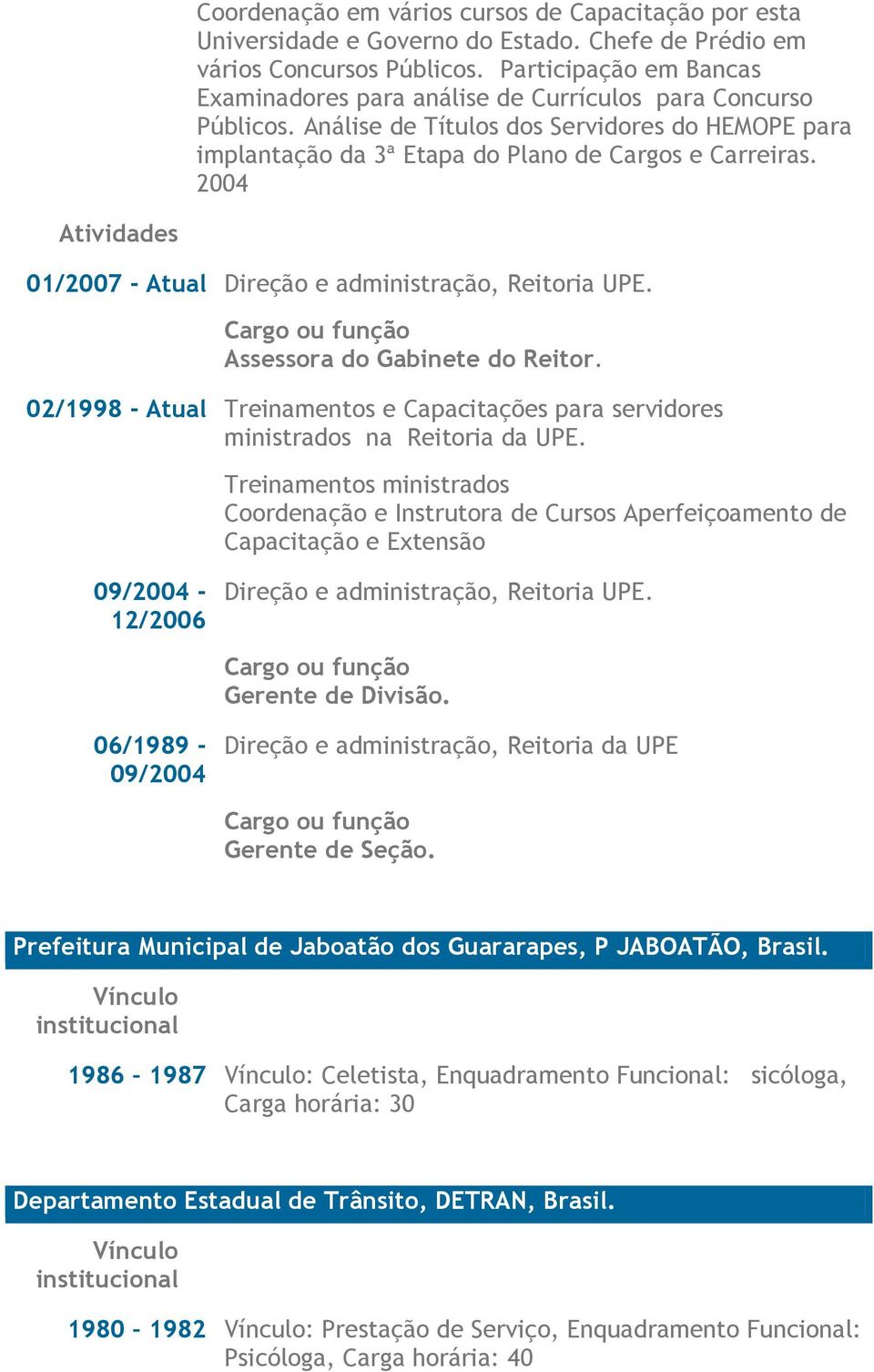 2004 Atividades 01/2007 - Atual Direção e administração, Reitoria UPE. Cargo ou função Assessora do Gabinete do Reitor.
