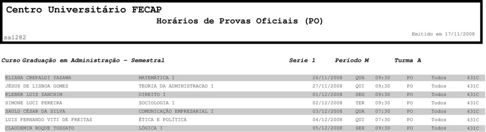 431C SIMOE LUCI PEREIR SOCIOLOGI I 431C SULO CÉSR D SILV COMUICÇÃO EMPRESRIL