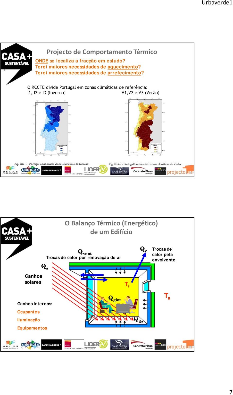 O RCCTE divide Portugal em zonas climáticas de referência: I1, I2 e I3 (Inverno) V1,V2 e V3 (Verão) O Balanço Térmico