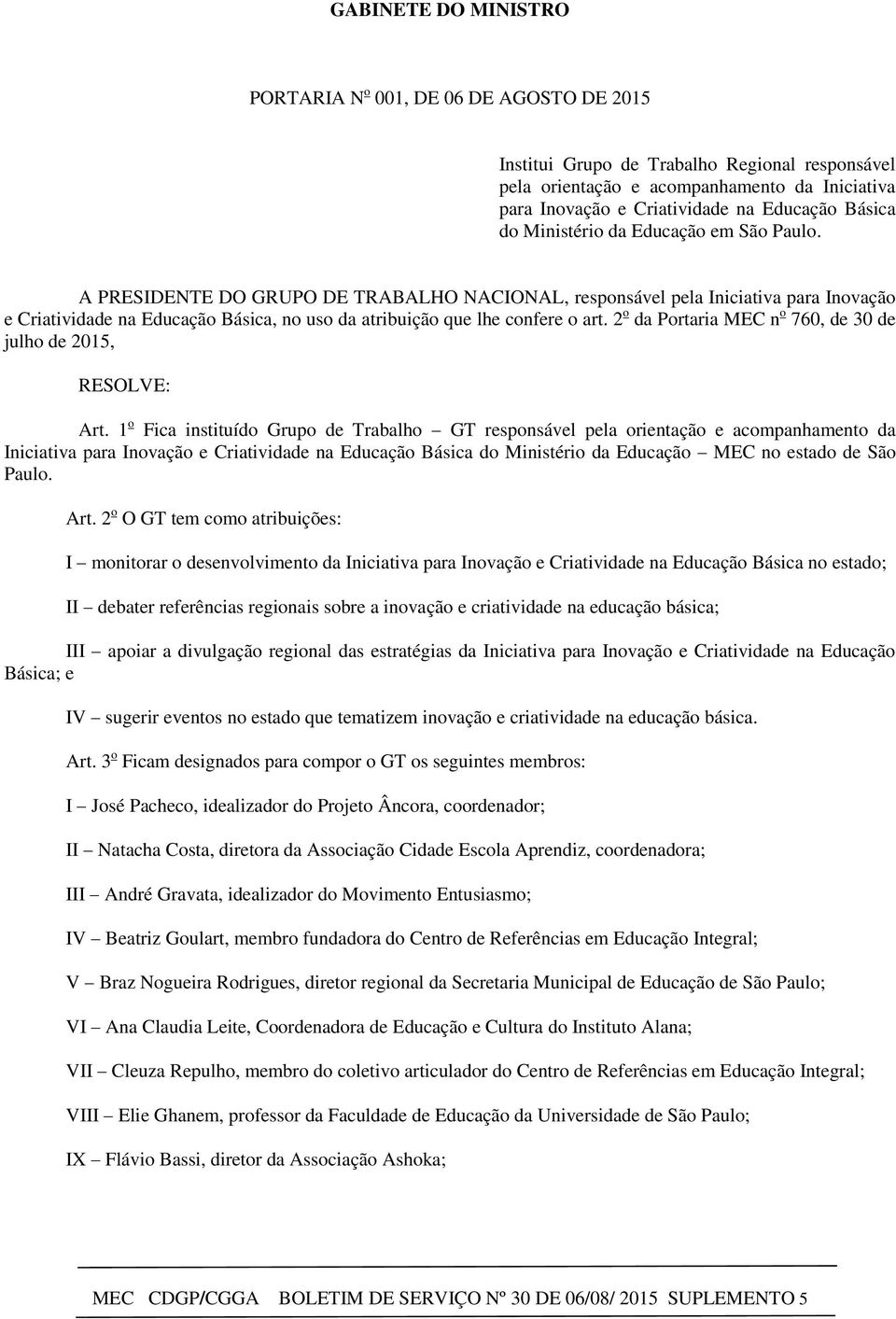 A PRESIDENTE DO GRUPO DE TRABALHO NACIONAL, responsável pela Iniciativa para Inovação e Criatividade na Educação Básica, no uso da atribuição que lhe confere o art.