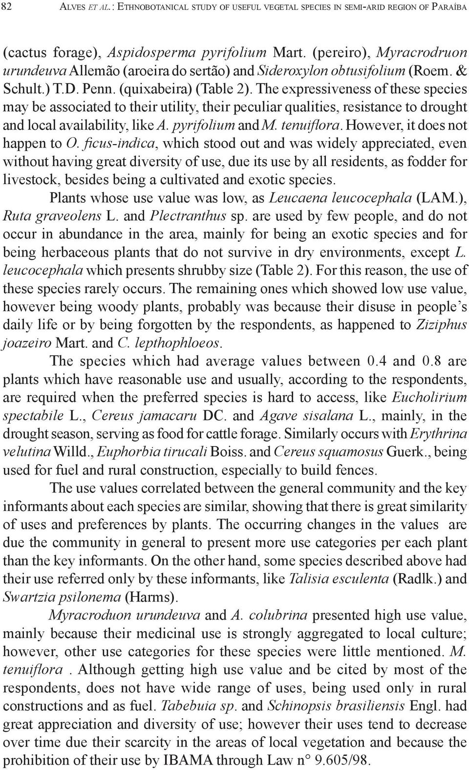 The expressiveness of these species may be associated to their utility, their peculiar qualities, resistance to drought and local availability, like A. pyrifolium and M. tenuiflora.