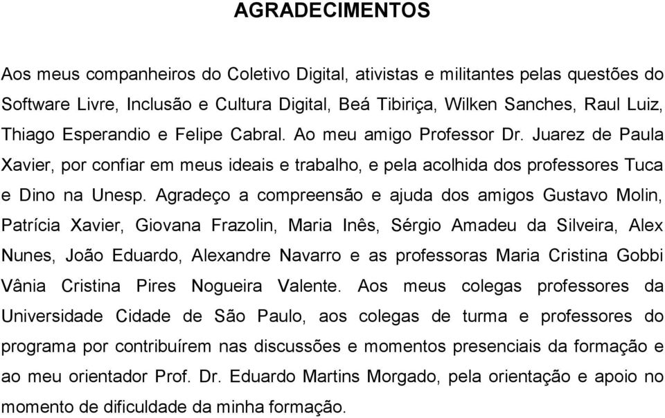 Agradeço a compreensão e ajuda dos amigos Gustavo Molin, Patrícia Xavier, Giovana Frazolin, Maria Inês, Sérgio Amadeu da Silveira, Alex Nunes, João Eduardo, Alexandre Navarro e as professoras Maria