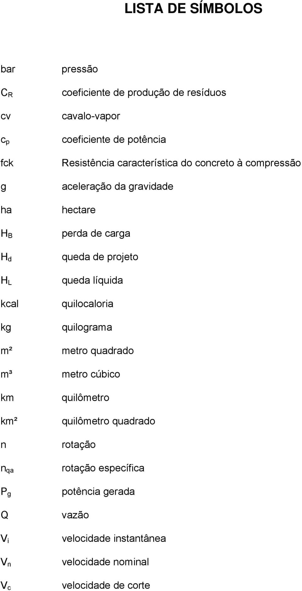 queda de projeto queda líquida quilocaloria quilograma m² metro quadrado m³ metro cúbico km km² n n qa P g Q V i V n V c